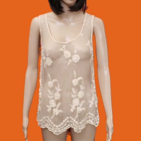 Sheer Mesh Beaded and Embroidered Sleeveless Top Medium - Picture 1 of 4